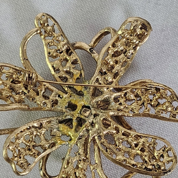 Vintage Gold AB Brown Crystal Flower Pin Brooch - Picture 8 of 9